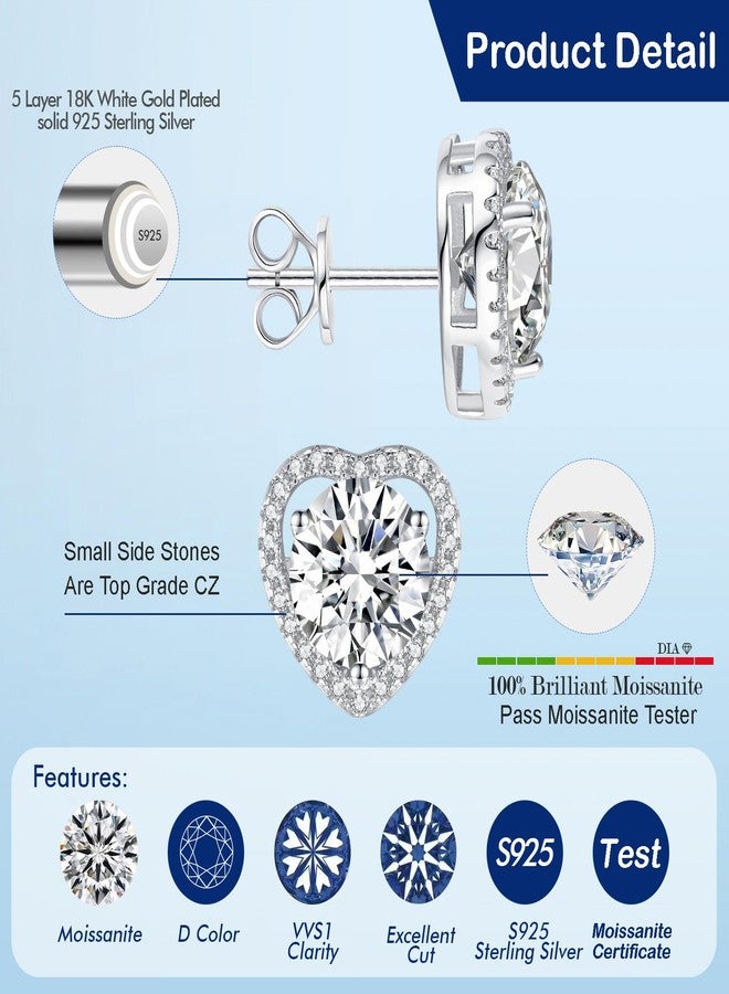SecreTalk 1-4ct Moissanite Stud Earrings for Women - Halo Heart 925 Sterling Silver D Color Ideal Cut Earrings with Certificate of Authenticity (1CT) - Image 3